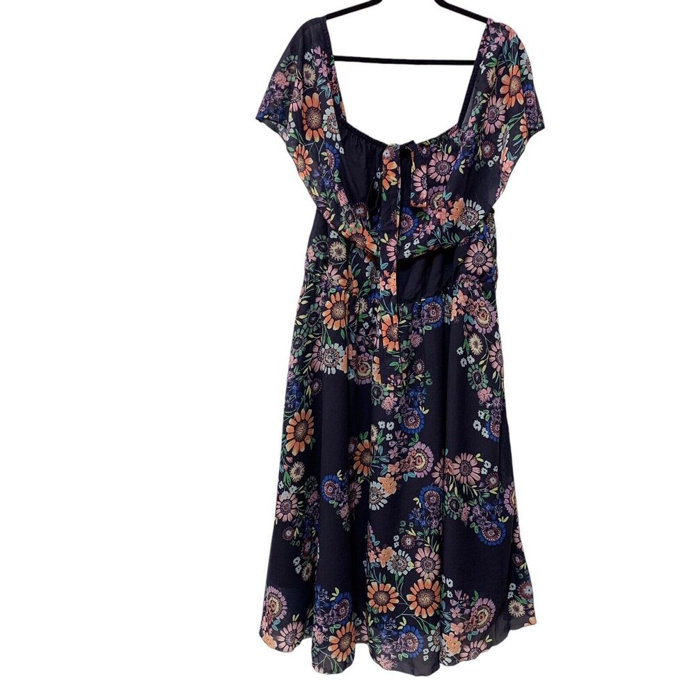 COPY - Eloquii Midi Dress Size 14 Navy Floral Off Shoulder Elastic Waist Cottag…
